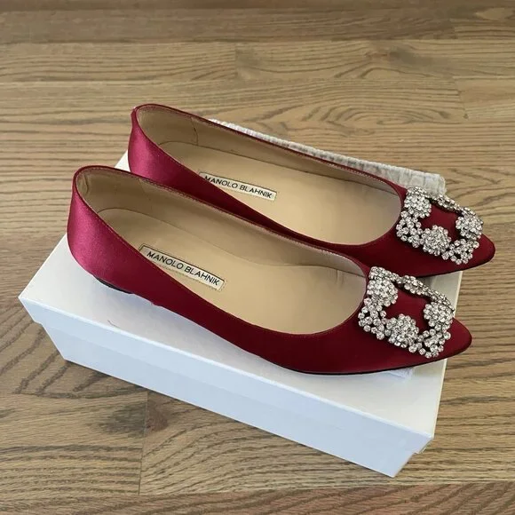 Manolo Blahnik Hangisi Satin Red Flats - Picture 1 of 6